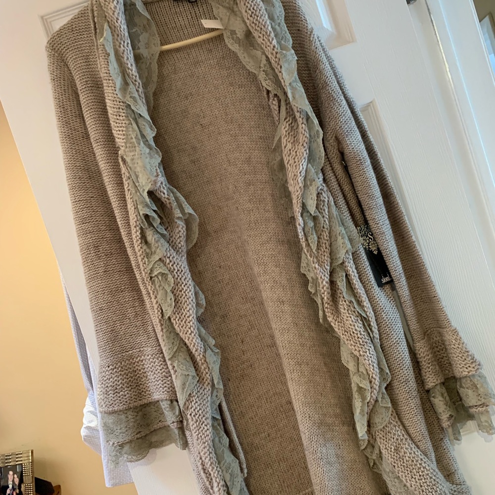New long taupe cardigan with lace trim